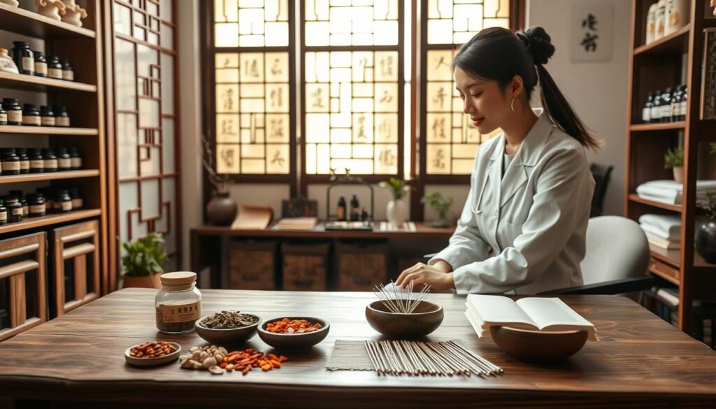 A serene and inviting traditional Chinese medicine clinic scene, showcasing a female practitioner in professional attire, interacting compassionately with a female patient seated in a consultation room. In the foreground, display herbal remedies and acupuncture needles arranged neatly on a wooden table. The middle ground includes shelves filled with ancient texts and medicinal jars, highlighting the rich history of gynecological traditional Chinese medicine. In the background, soft natural light filters through paper screen windows, creating a calming atmosphere. The overall mood should evoke a sense of trust, wellness, and holistic healing, emphasizing the importance of gynecological healthcare in traditional Chinese practices, while ensuring professionalism and privacy are respected.