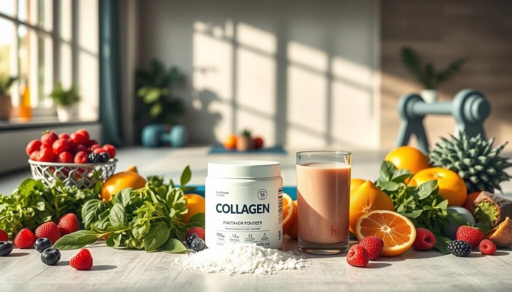 A serene wellness scene depicting collagen supplements surrounded by a variety of vibrant fruits, vegetables, and modern fitness equipment. In the foreground, a sleek, open container of collagen powder is placed alongside a glass of refreshing smoothie. Fresh berries, leafy greens, and citrus fruits are artistically arranged to emphasize health and vitality. The middle ground features a yoga mat and dumbbells, hinting at an active lifestyle. In the background, soft natural light streams through a large window, creating a warm and inviting atmosphere that reflects a sense of well-being. The overall mood is uplifting and motivating, inspiring a commitment to maintaining joint and skin health through nutrition and fitness. No humans are present in the image.