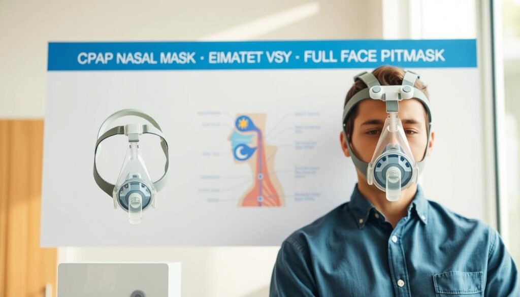 A clean and informative scene depicting the functional differences between a CPAP nasal mask and a full face mask. In the foreground, a well-lit display featuring both mask types side by side, highlighting the nasal mask's smaller, streamlined design and the full face mask's encompassing shape. In the middle ground, an anatomically labeled diagram illustrating airflow pathways, showing how each mask fits on a human face, with a model wearing each type in professional casual attire. The background should be softly blurred to emphasize clarity on the masks, employing natural lighting to create a warm, inviting atmosphere. The angle should be slightly above eye level, capturing both masks clearly, enhancing the educational tone of the image.
