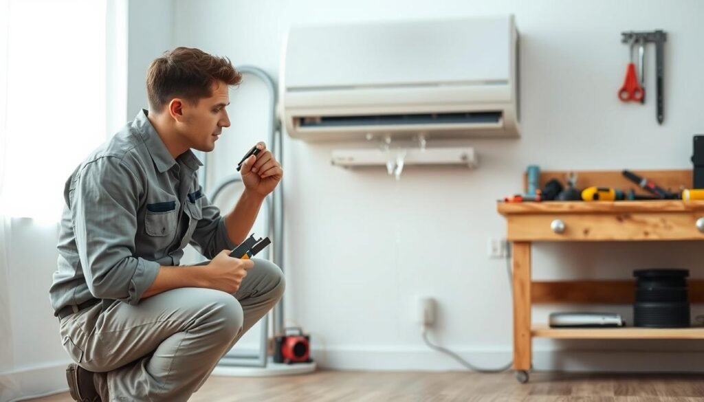 A professional HVAC technician in a clean, well-lit room is inspecting an air conditioning unit that is dripping water. In the foreground, the technician, dressed in a modest uniform with tools in hand, is crouched down, closely examining the unit with a focused expression. In the middle ground, the air conditioning unit is prominently displayed, with visible water droplets collecting at its base, indicating a leak. The background features neatly organized tools and repair equipment on a sturdy workbench, hinting at a repair workshop atmosphere. Soft, diffused lighting highlights the technician and the AC unit, creating a clear and educational feel, while shadows softly enhance the three-dimensional aspect of the scene.