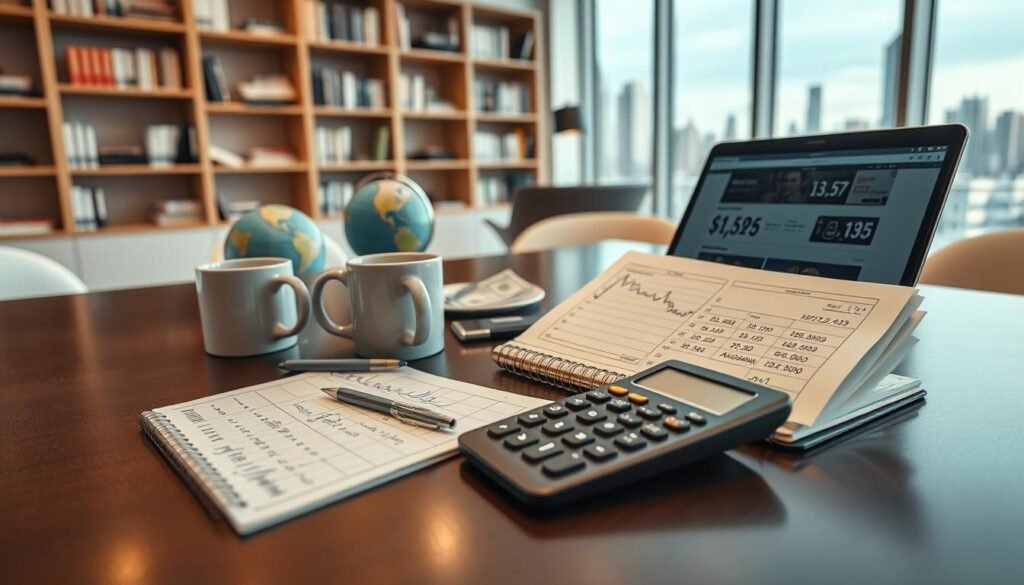 A professional and engaging scene illustrating a currency exchange calculation relating to American purchasing on an elegant desk. In the foreground, a neatly arranged calculator and a notebook filled with handwritten notes and charts, depicting various exchange rates, placed next to a laptop displaying a financial website. The middle ground features a mug of coffee, a small globe, and dollar bills, subtly hinting at international trade. In the background, a well-lit office environment with a modern design, including bookshelves filled with finance-related books and a large window showcasing a city skyline. The lighting is soft and inviting, creating a focused and professional atmosphere, perfect for discussing financial matters.