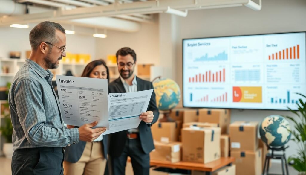 A visual representation of the concept of "transparent billing and tax-inclusive services" in American purchasing and forwarding services. In the foreground, display a diverse group of professional individuals discussing a detailed invoice with clearly labeled sections for shipping costs, taxes, and service fees. The middle ground should feature an organized office environment with various international shipping boxes and a globe, suggesting global commerce. In the background, include a large digital screen showcasing simple charts and graphs highlighting clear pricing structures and transparency. Use soft, natural lighting to create a welcoming atmosphere. The image should evoke professionalism, clarity, and trust, emphasizing the importance of clear billing in purchasing forwarding services.