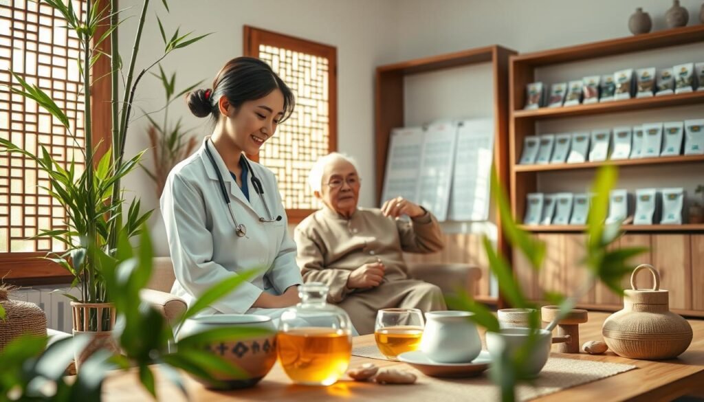 A serene and inviting scene set in a traditional Chinese medicine clinic, featuring a professional female Chinese medicine doctor, dressed in a modest, elegant outfit. She is attentively engaging with an elderly patient, who is seated comfortably, surrounded by natural elements like bamboo plants and soft light filtering through paper-lattice windows. The foreground includes herbal remedies and acupuncture tools, emphasizing the holistic approach to treating common chronic illnesses in seniors. The middle ground showcases traditional Chinese medicine charts and a calming tea setup, while the background displays shelves filled with herbal packages. The overall atmosphere is warm and nurturing, conveying a sense of care and well-being. Soft, diffused lighting enhances the peaceful ambiance, while the lens captures a gentle depth of field, focusing on the connection between the doctor and patient.