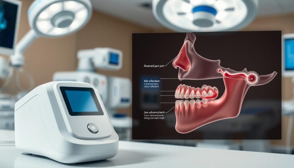 A realistic medical setting featuring a side-by-side comparison of a sleep apnea machine and advanced jaw surgery equipment. In the foreground, a sleek sleep apnea machine with a subtle blue light, showcasing its digital interface. The middle ground displays an intricately detailed diagram of a human jaw, indicating surgical points for jaw advancement. In the background, soft-focus medical equipment in a sterile environment, conveying a sense of professionalism and innovation. The lighting is bright and clinical, emphasizing a sense of hope and healing. The overall atmosphere is informative and contemplative, aimed at educating viewers about the potential roles of non-invasive and surgical treatments for sleep apnea.