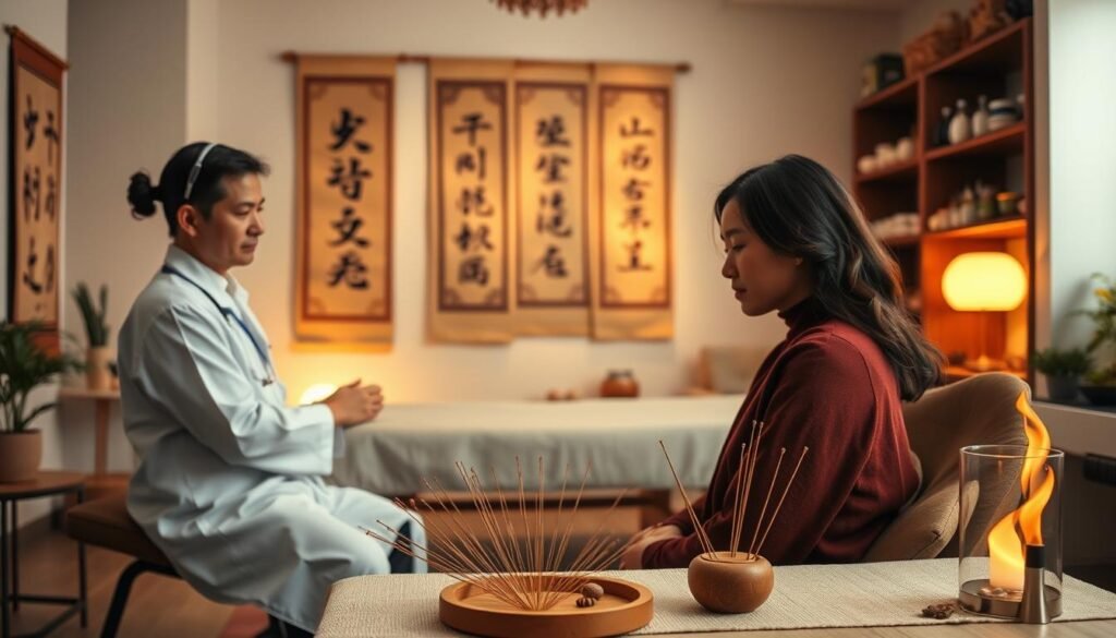 A serene clinic space dedicated to traditional Chinese medicine for rheumatoid arthritis treatment. In the foreground, a practitioner, dressed in professional attire, examines a patient seated comfortably. The patient exhibits a look of calmness and trust, while acupuncture needles and moxa sticks are artistically arranged on a nearby table. In the middle, a treatment table is visible with soft, ambient lighting casting a warm glow, highlighting traditional Chinese scrolls on the walls depicting healing symbols. In the background, herbs and medicinal ingredients are elegantly displayed on shelves. The overall mood is tranquil and healing, with a focus on holistic wellness and traditional practices. The image captures the atmosphere of a supportive environment for arthritis treatment.